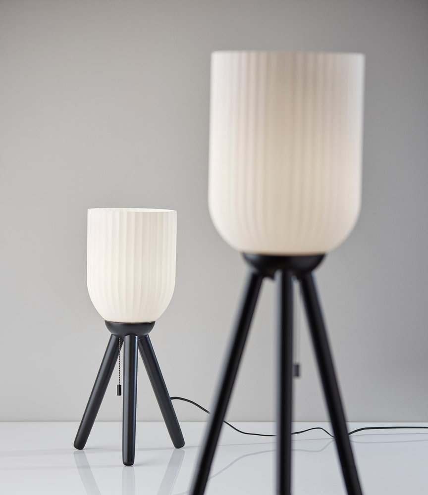 23" Black Solid Wood Tripod Table Lamp With White Ribbed Glass Shade HomeRoots