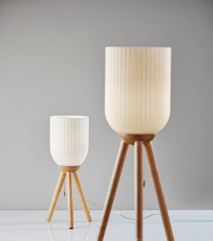 23" Natural Solid Wood Tripod Table Lamp With White Ribbed Glass Shade HomeRoots
