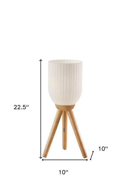23" Natural Solid Wood Tripod Table Lamp With White Ribbed Glass Shade HomeRoots