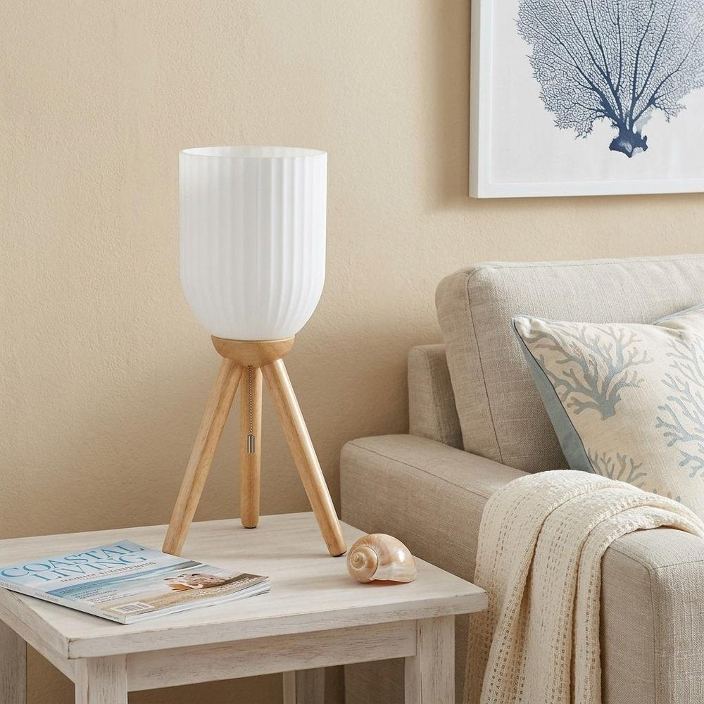 23" Natural Solid Wood Tripod Table Lamp With White Ribbed Glass Shade