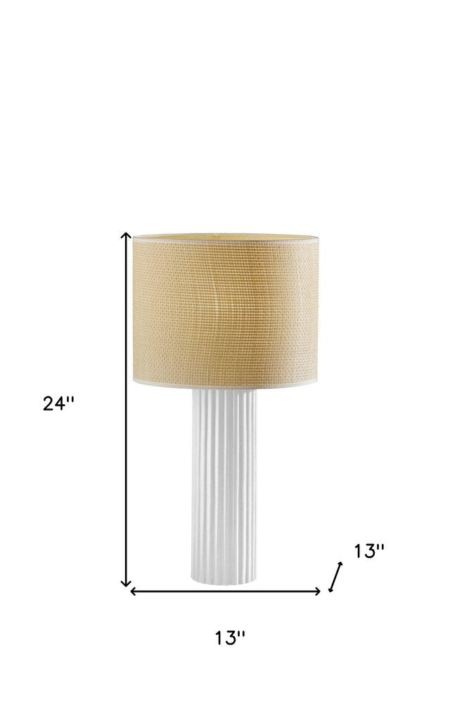 24" White Ceramic Cylinder Table Lamp With Beige Drum Shade — view 6