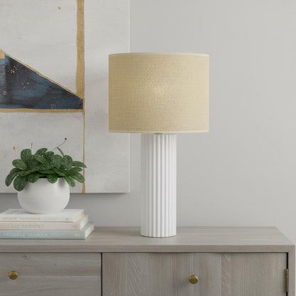 24" White Ceramic Cylinder Table Lamp With Beige Drum Shade HomeRoots