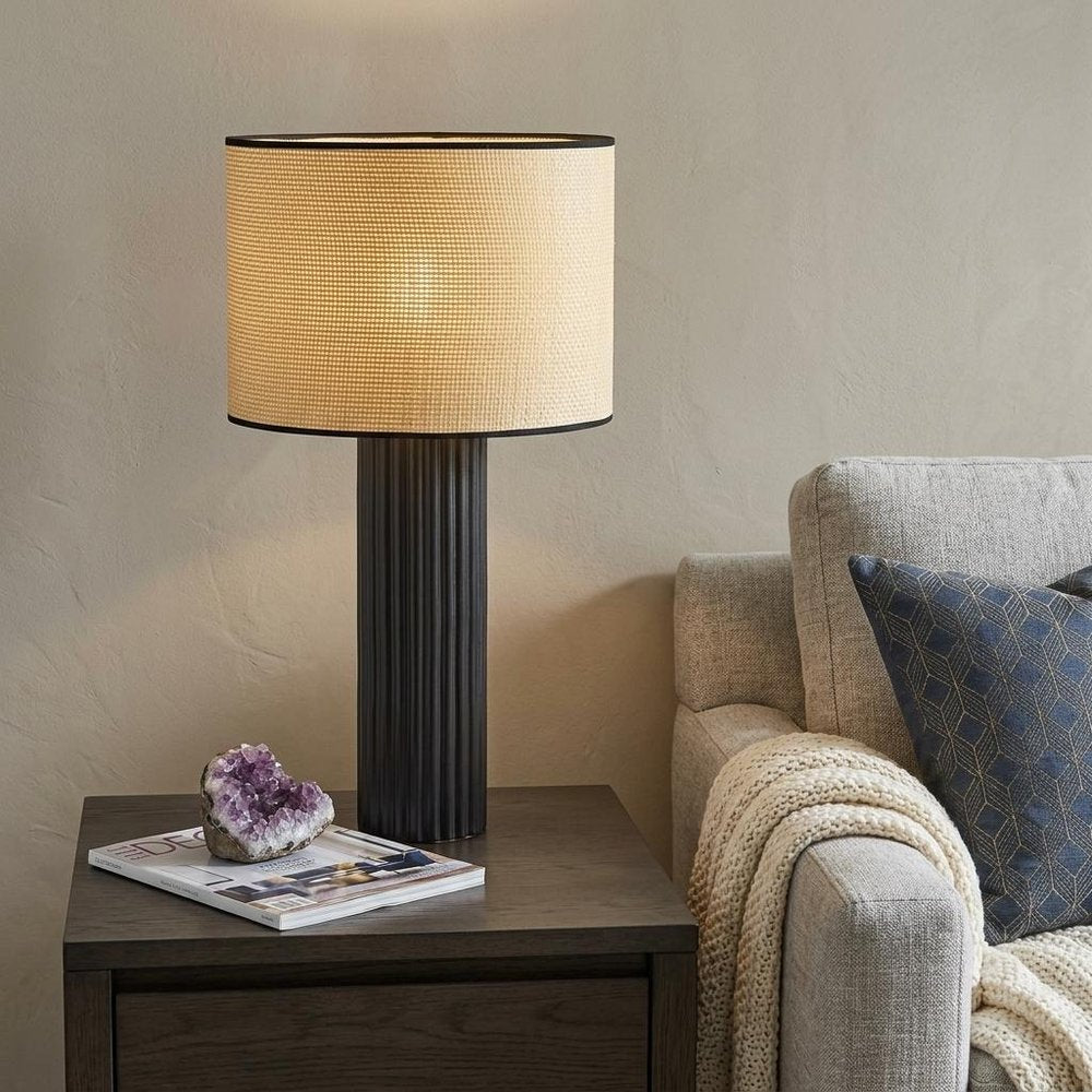 29" Black Ceramic Cylinder Table Lamp With Beige Drum Shade HomeRoots