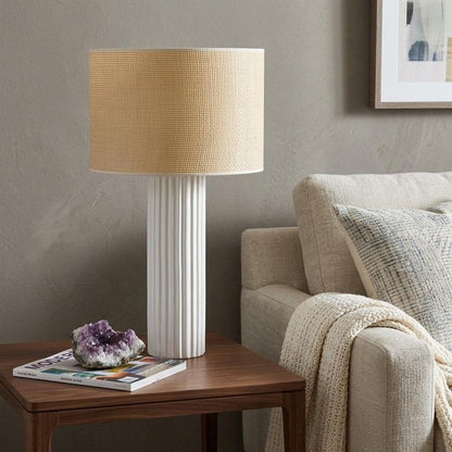 29" White Ceramic Cylinder Table Lamp With Beige Drum Shade HomeRoots