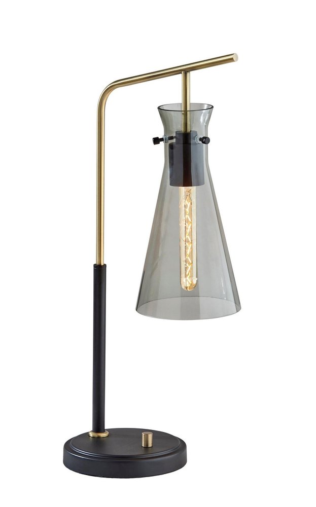 24" Black and Gold Metal Desk Lamp With Light Gray Cone Shade — view 9