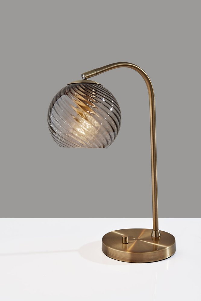 19" Antiqued Brass Metal Desk Lamp With Light Gray Swirl Globe Shade HomeRoots