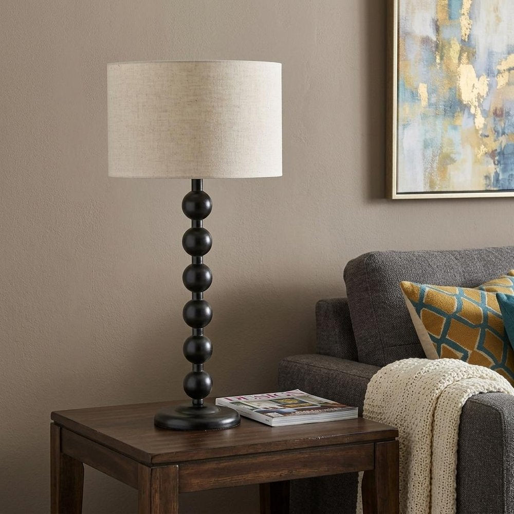 28" Black Solid Wood Candlestick Table Lamp With Off White Drum Shade HomeRoots