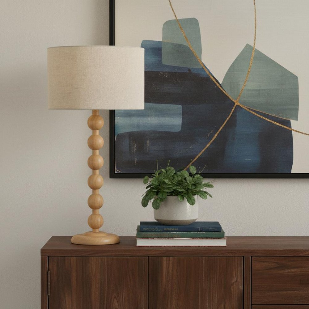 28" Brown Solid Wood Candlestick Table Lamp With Off White Drum Shade HomeRoots