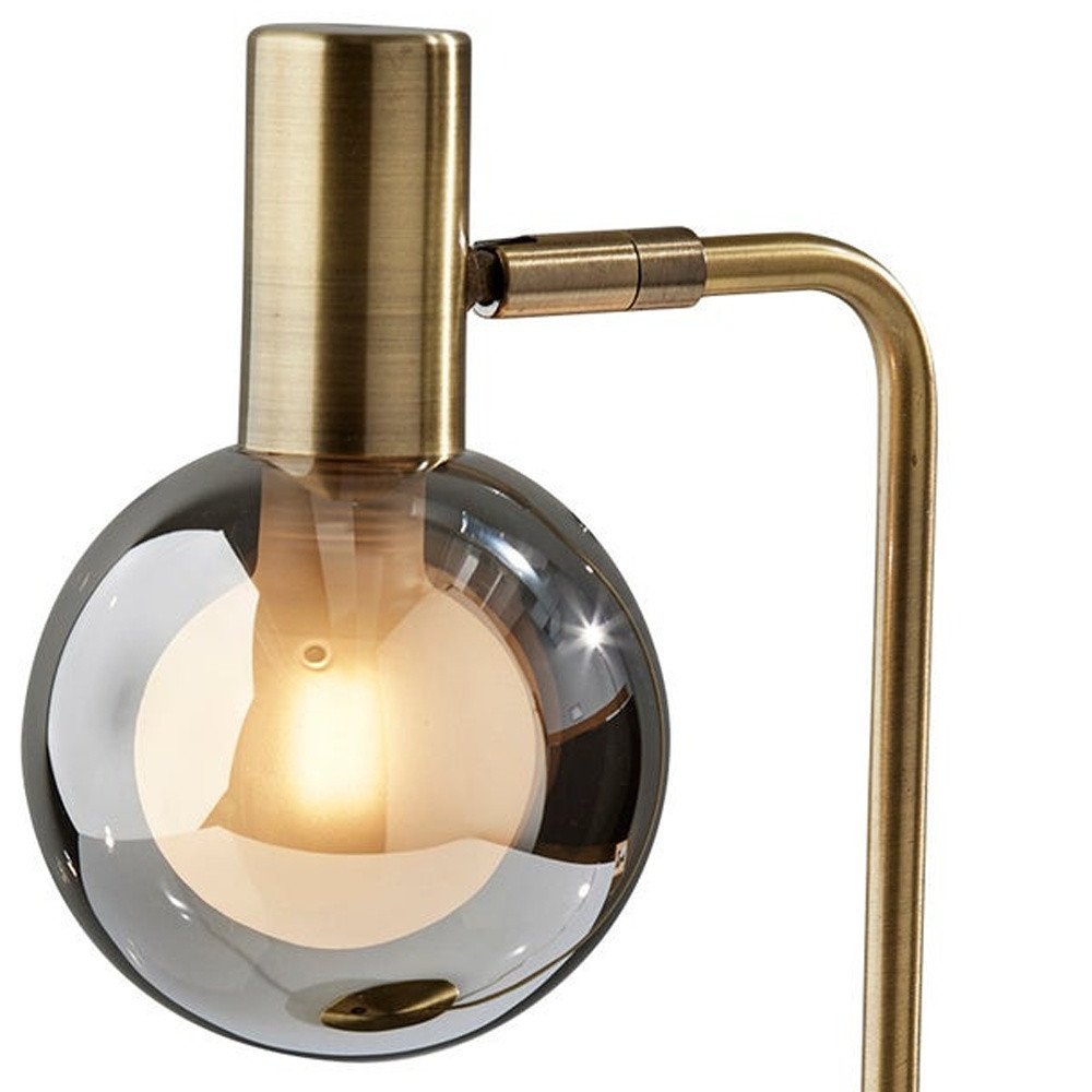 18" Antiqued Brass Metal Cylinder Desk Table Lamp With Gray Globe Shade With Starling LED Bulb HomeRoots