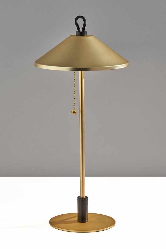 20" Black and Gold Metal Two Light Candlestick LED Table Lamp With Brass Cone Shade — view 2
