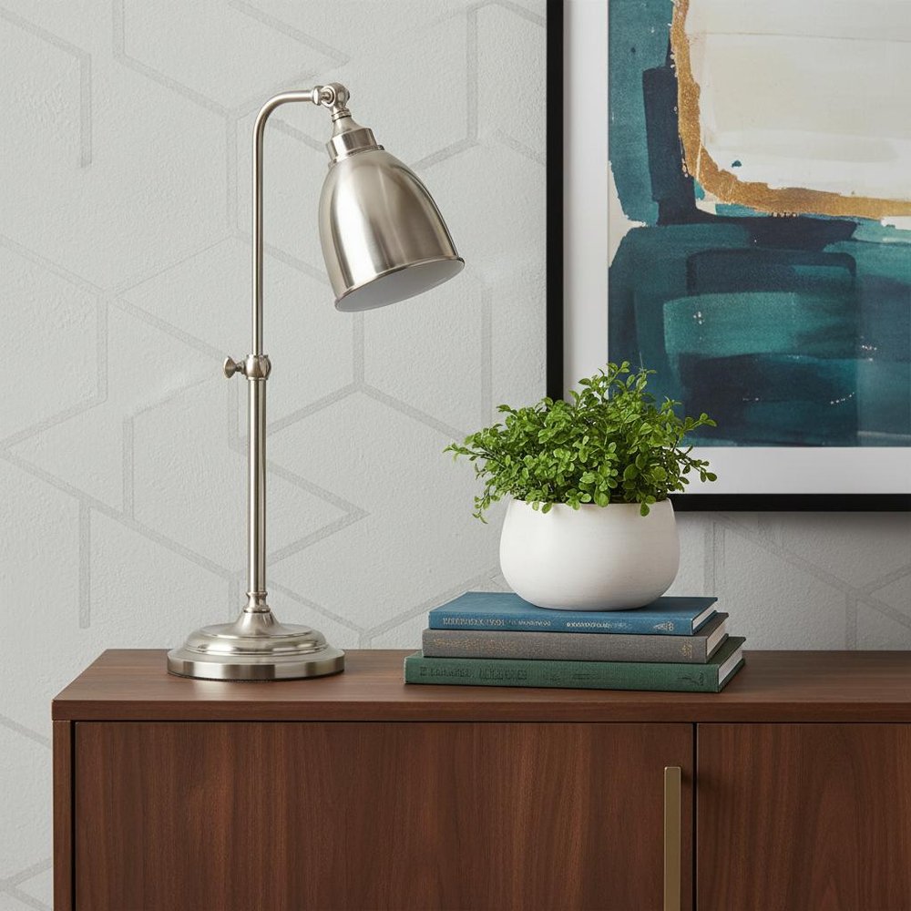 26" Nickel Metal Adjustable Table Lamp With Nickel Dome Shade HomeRoots