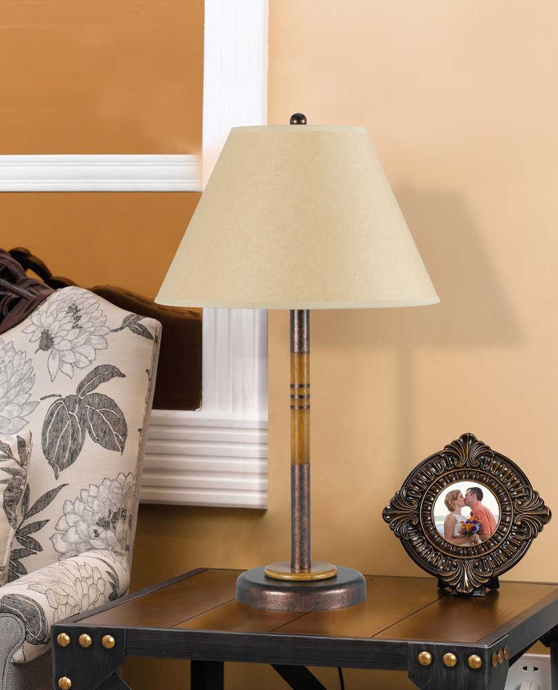 24" Rustic Bronze and Oak Metal Table Lamp With Brown Empire Shade HomeRoots