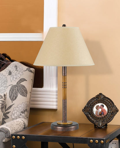 24" Rustic Bronze and Oak Metal Table Lamp With Brown Empire Shade HomeRoots