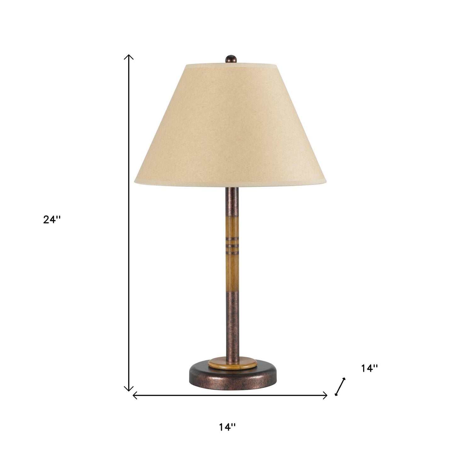 24" Rustic Bronze and Oak Metal Table Lamp With Brown Empire Shade