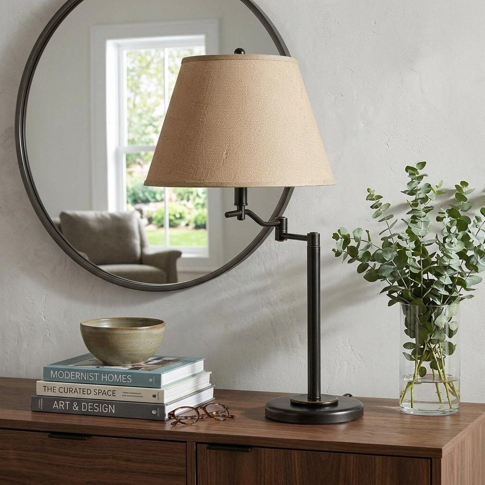29" Bronze Metal Swing Arm Table Lamp With Off White Empire Shade HomeRoots
