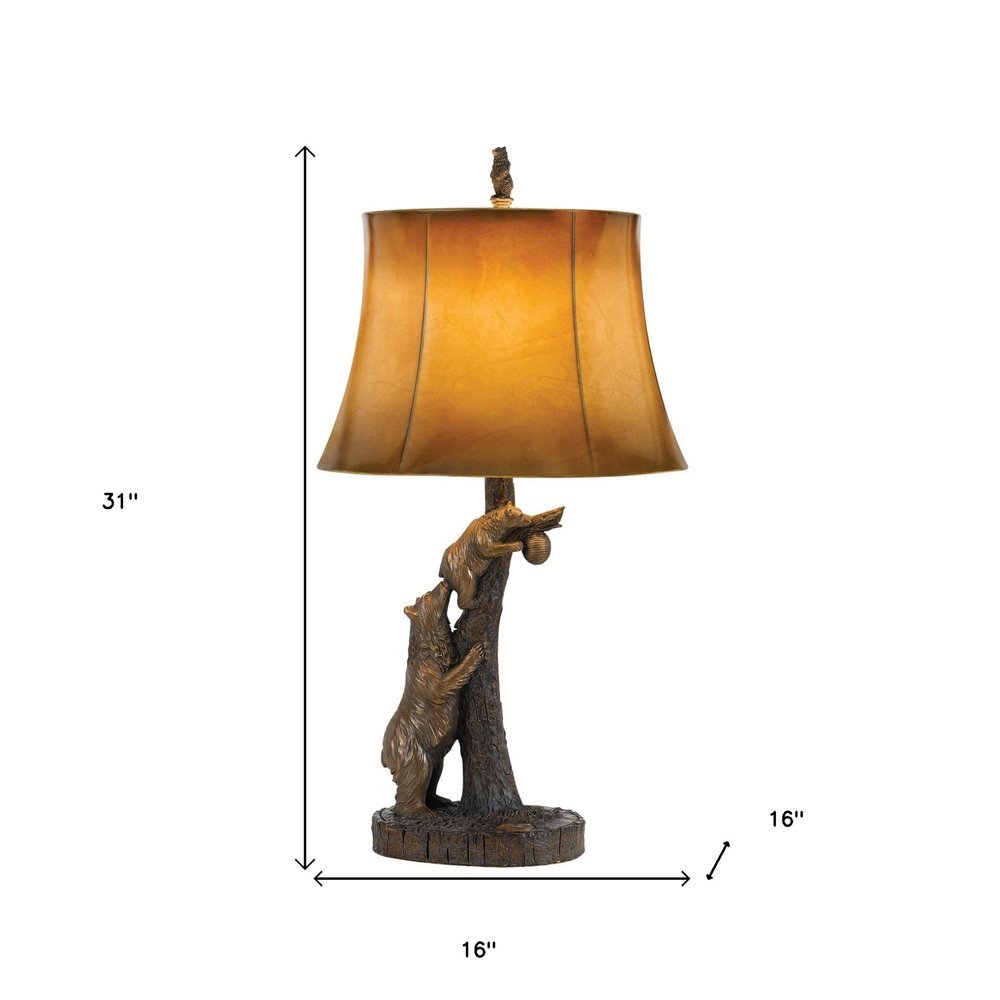 31" Bronze Bears After the Honey Table Lamp With Brown Faux Leather Shade — view 3