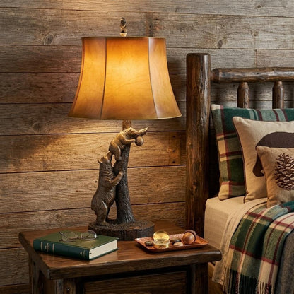 31" Bronze Bears After the Honey Table Lamp With Brown Faux Leather Shade HomeRoots