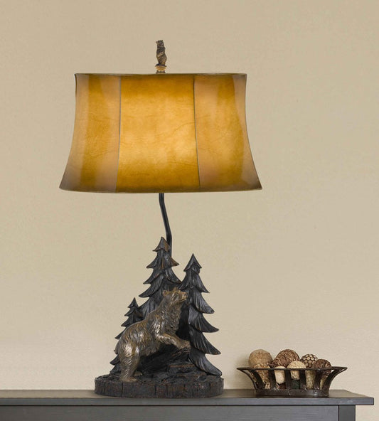 29" Antiqued Bronze Novelty Table Lamp With Brown Bell Shade