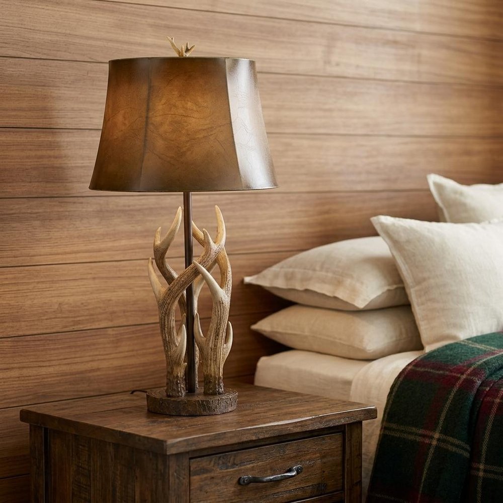 33" Brown Antlers Table Lamp With Brown Drum Shade HomeRoots