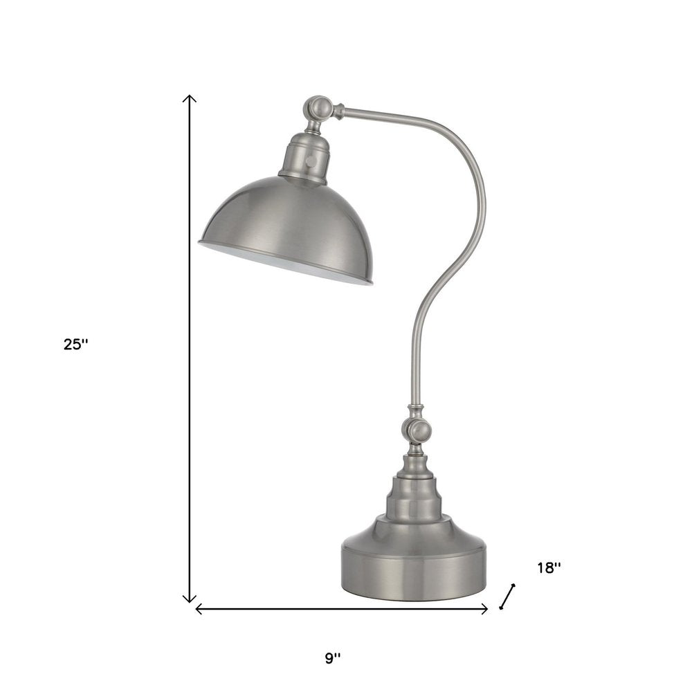 25" Nickel Metal Lantern Desk Table Lamp With Nickel Dome Shade HomeRoots