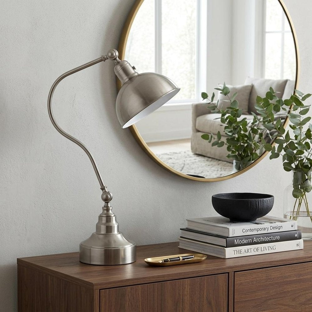 25" Nickel Metal Lantern Desk Table Lamp With Nickel Dome Shade HomeRoots