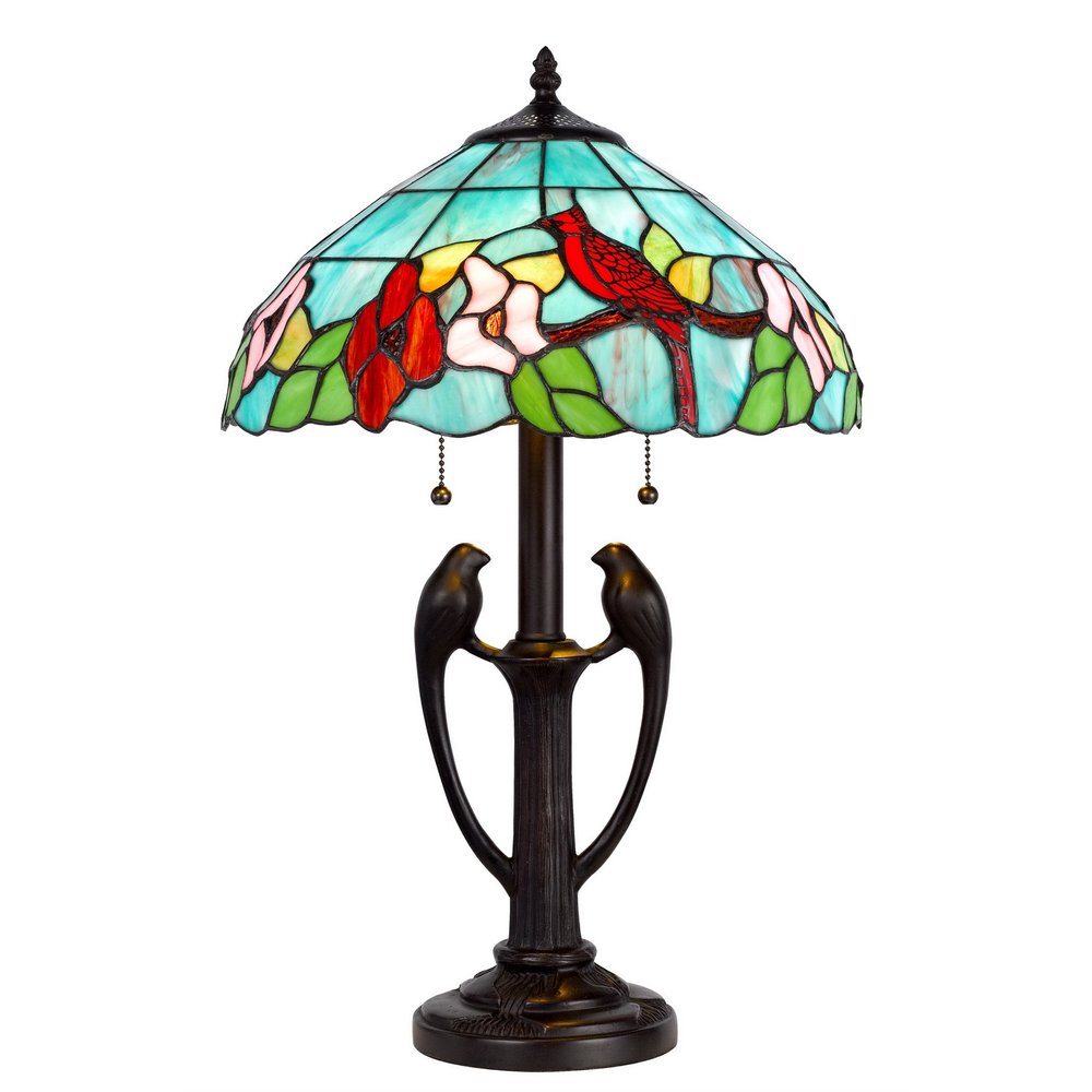 22" Bronze Two Light Tiffany Table Lamp With Aqua and Red Floral Shade — view 1