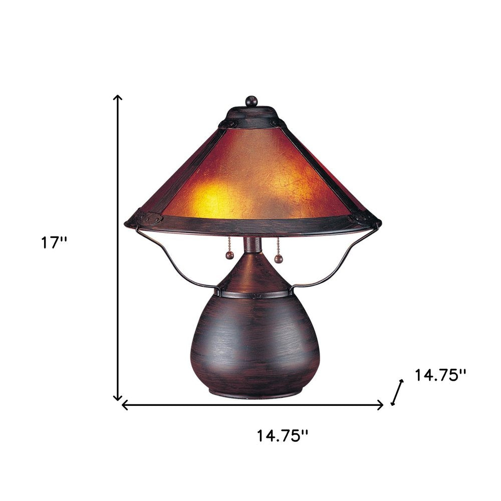 17" Rust Metal Two Light Round Table Lamp With Amber Empire Shade HomeRoots