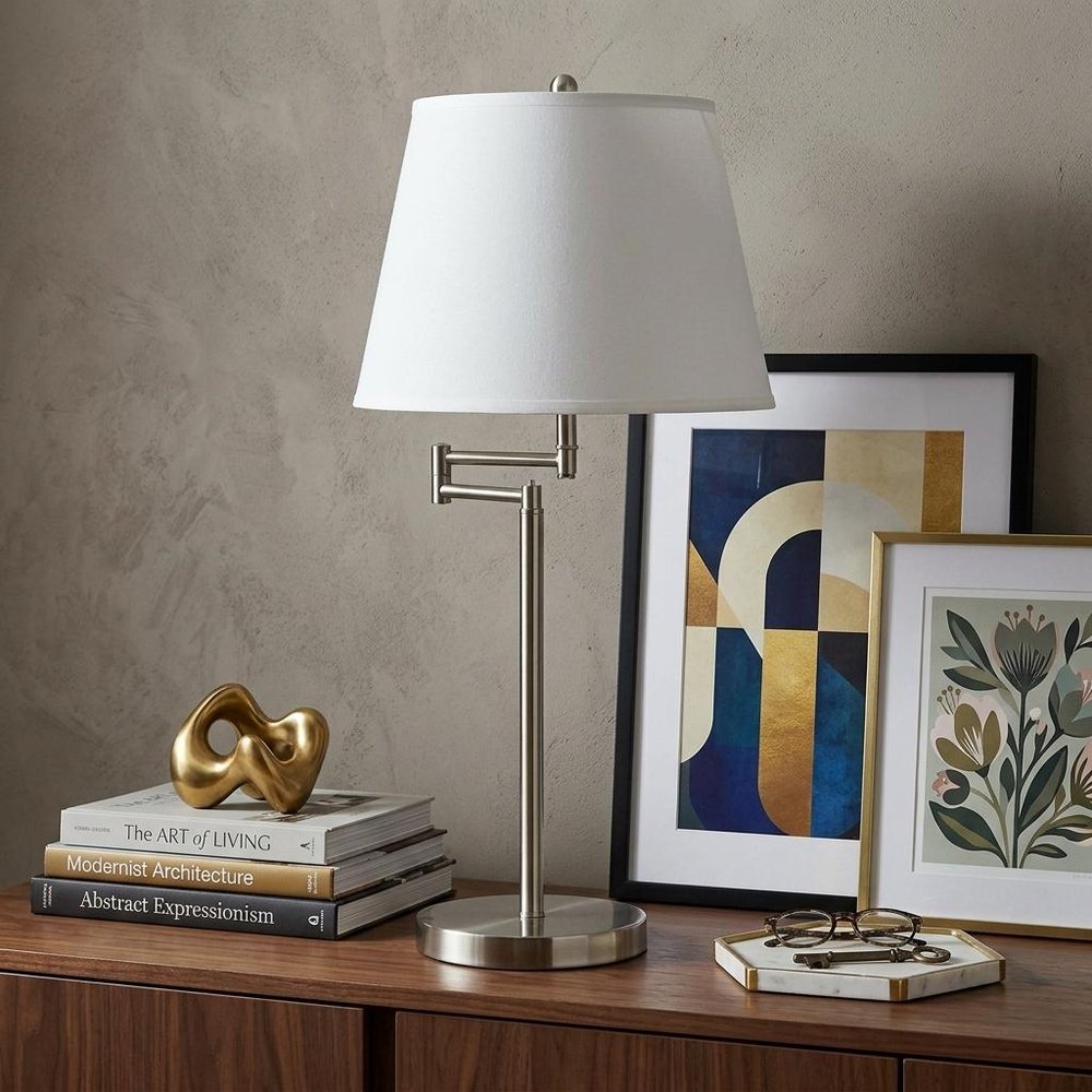 28" Nickel Metal Table Lamp With Off White Empire Shade HomeRoots