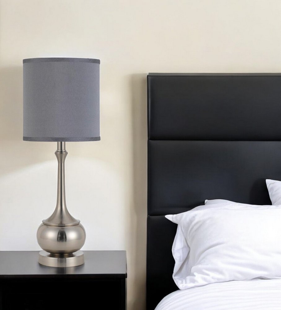 25" Nickel Metal Round Table Lamp With Gray Cone Shade HomeRoots