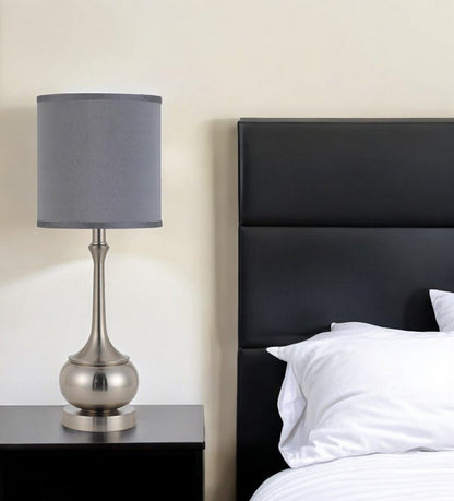 25" Nickel Metal Round Table Lamp With Gray Cone Shade HomeRoots