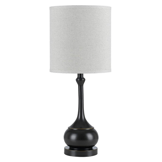 25" Blackened Bronze Metal Round Table Lamp With Off White Drum Shade