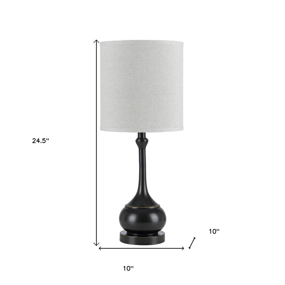 25" Blackened Bronze Metal Round Table Lamp With Off White Drum Shade HomeRoots