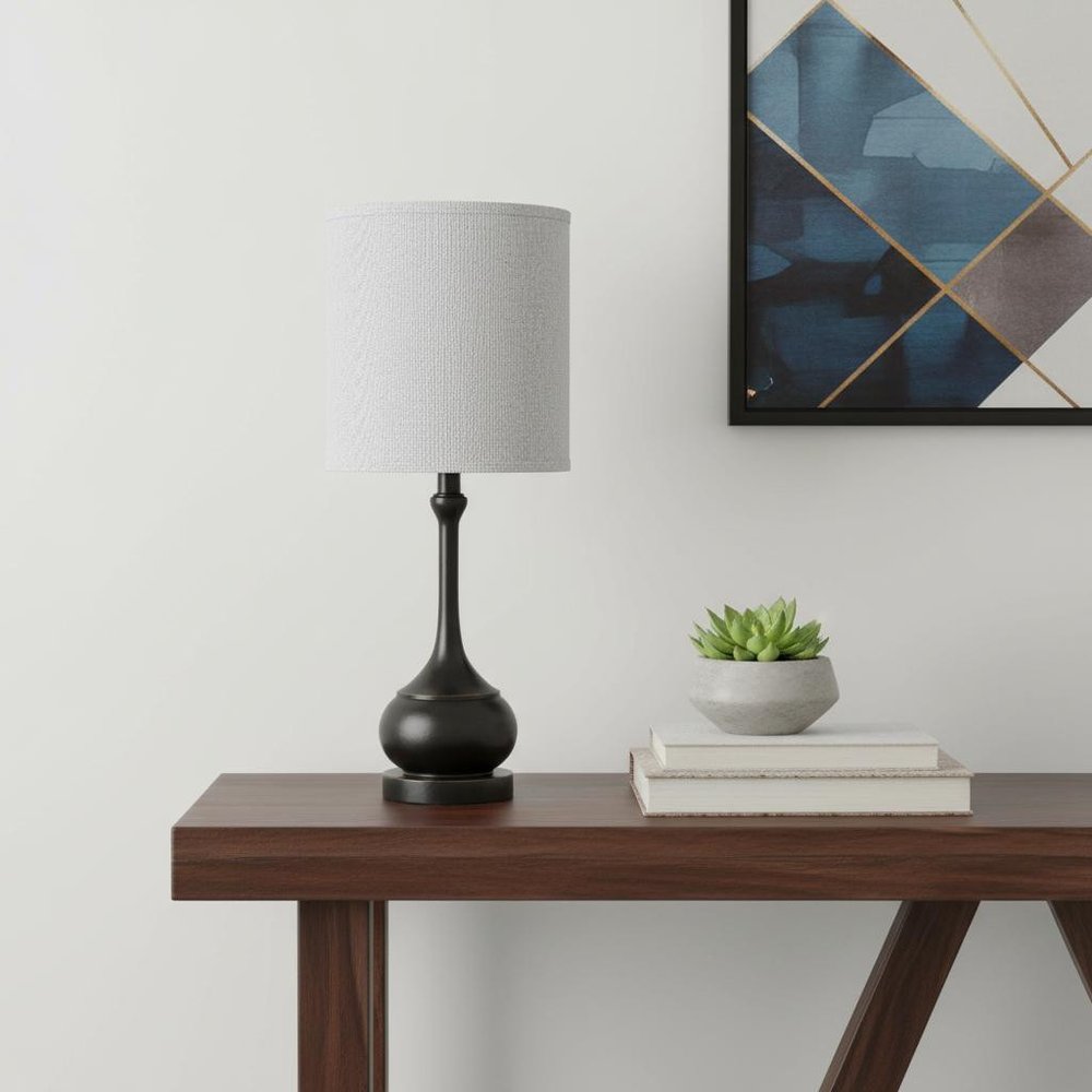 25" Blackened Bronze Metal Round Table Lamp With Off White Drum Shade — view 4