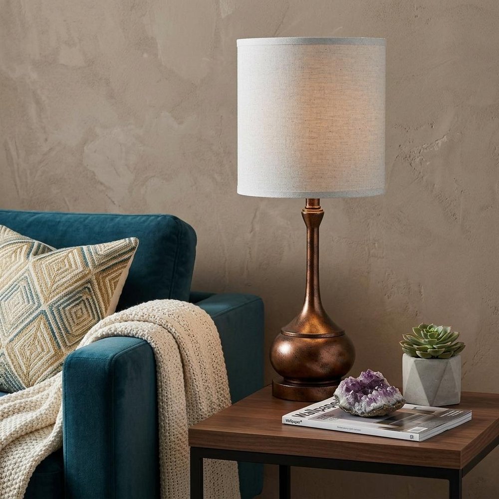 25" Rust Metal Round Table Lamp With White Drum Shade — view 4