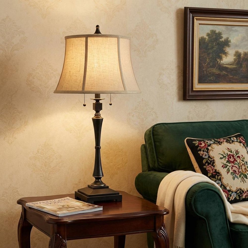31" Black Metal Two Light Candlestick Table Lamp With Beige Empire Shade HomeRoots