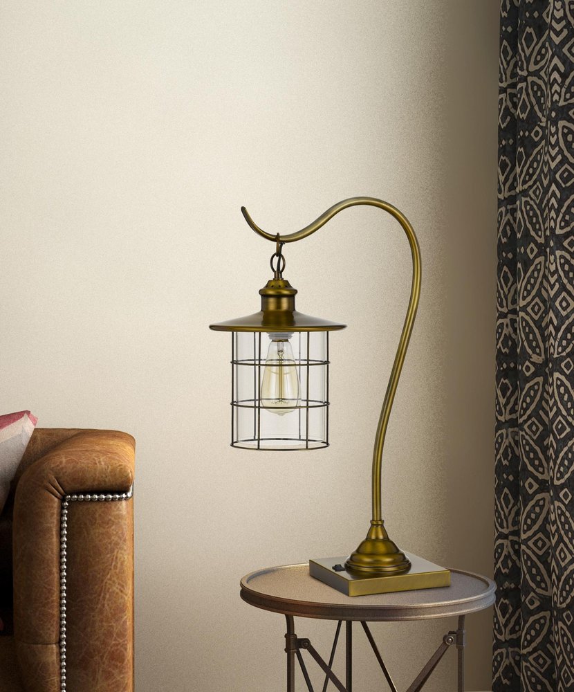 25" Antiqued Brass Metal Lantern Desk Lamp With Antiqued Brass Drum Shade HomeRoots