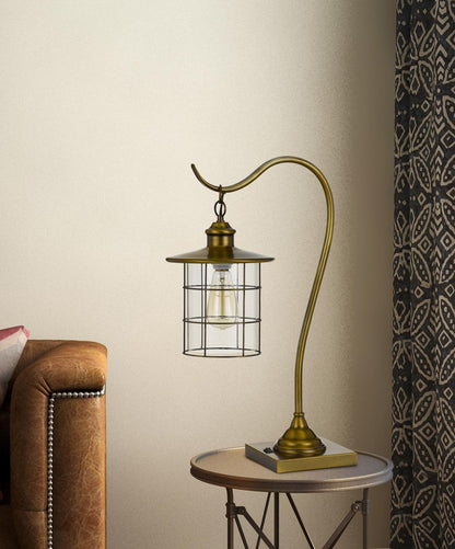 25" Antiqued Brass Metal Lantern Desk Lamp With Antiqued Brass Drum Shade HomeRoots