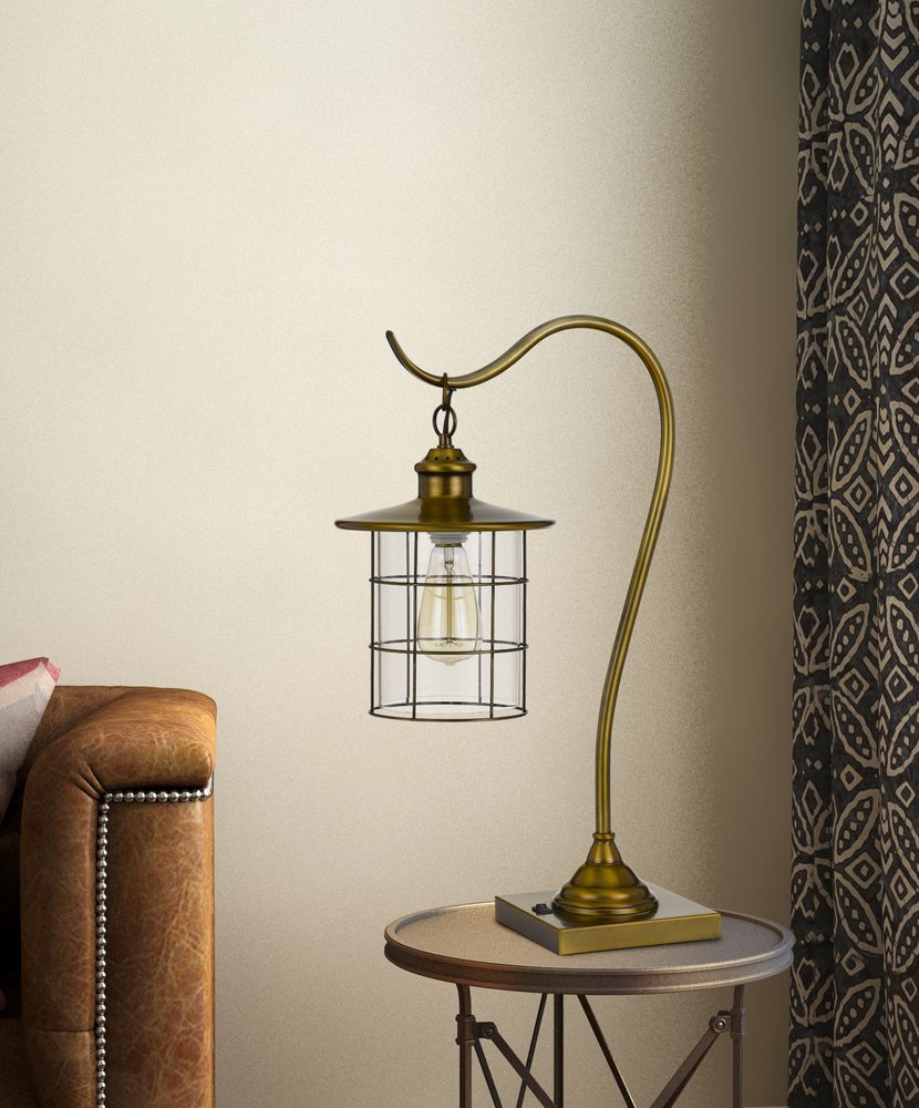 25" Antiqued Brass Metal Lantern Desk Lamp With Antiqued Brass Drum Shade HomeRoots
