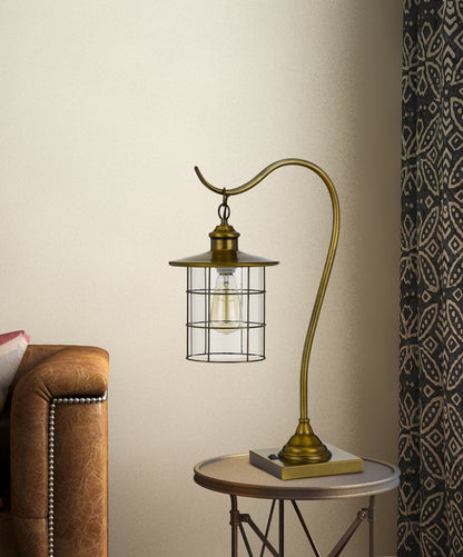 25" Antiqued Brass Metal Lantern Desk Lamp With Antiqued Brass Drum Shade HomeRoots