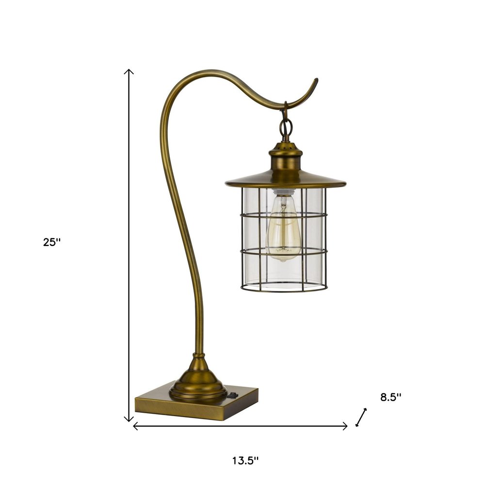 25" Antiqued Brass Metal Lantern Desk Lamp With Antiqued Brass Drum Shade HomeRoots