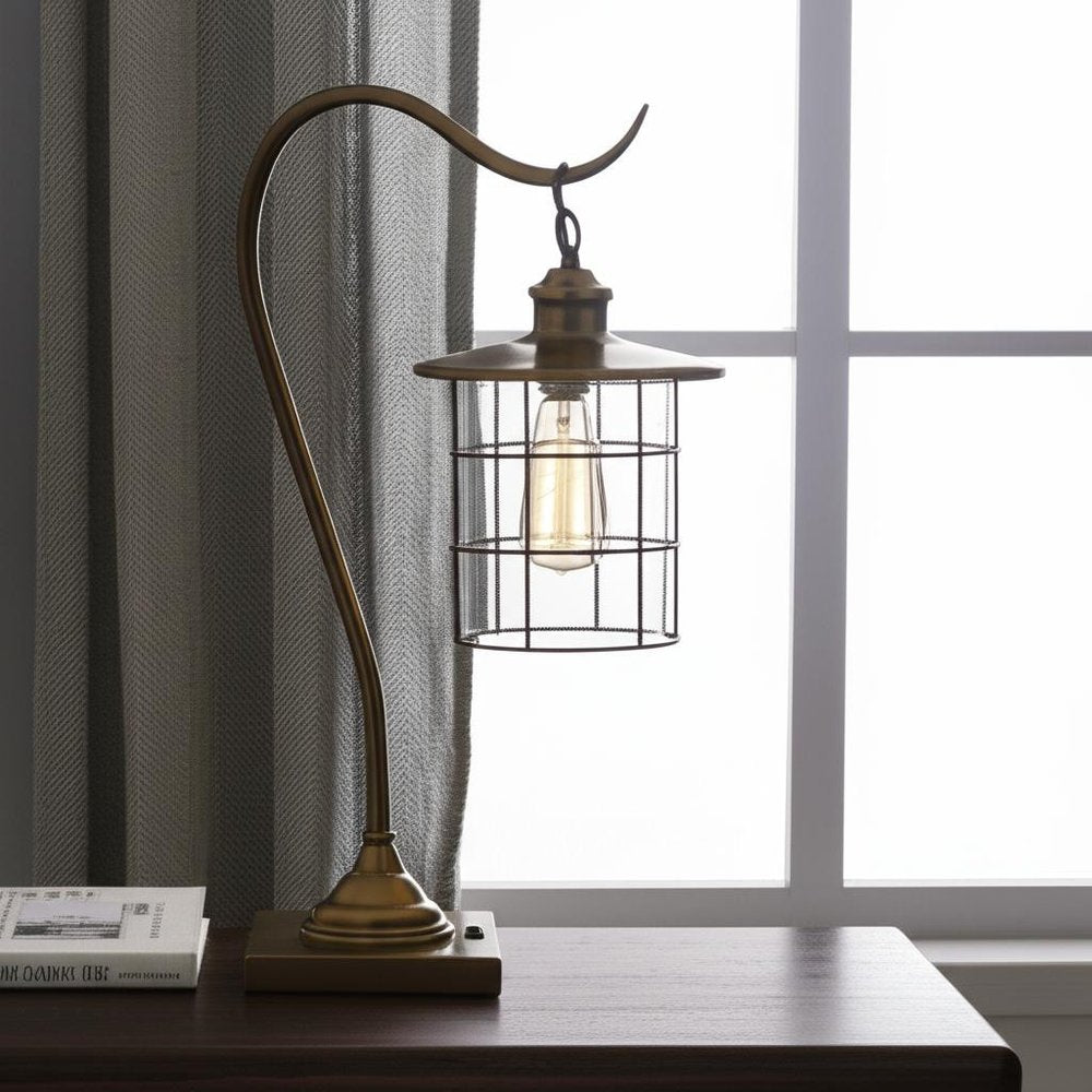 25" Antiqued Brass Metal Lantern Desk Lamp With Antiqued Brass Drum Shade HomeRoots