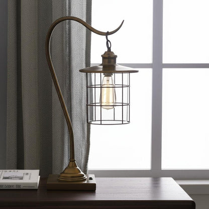 25" Antiqued Brass Metal Lantern Desk Lamp With Antiqued Brass Drum Shade