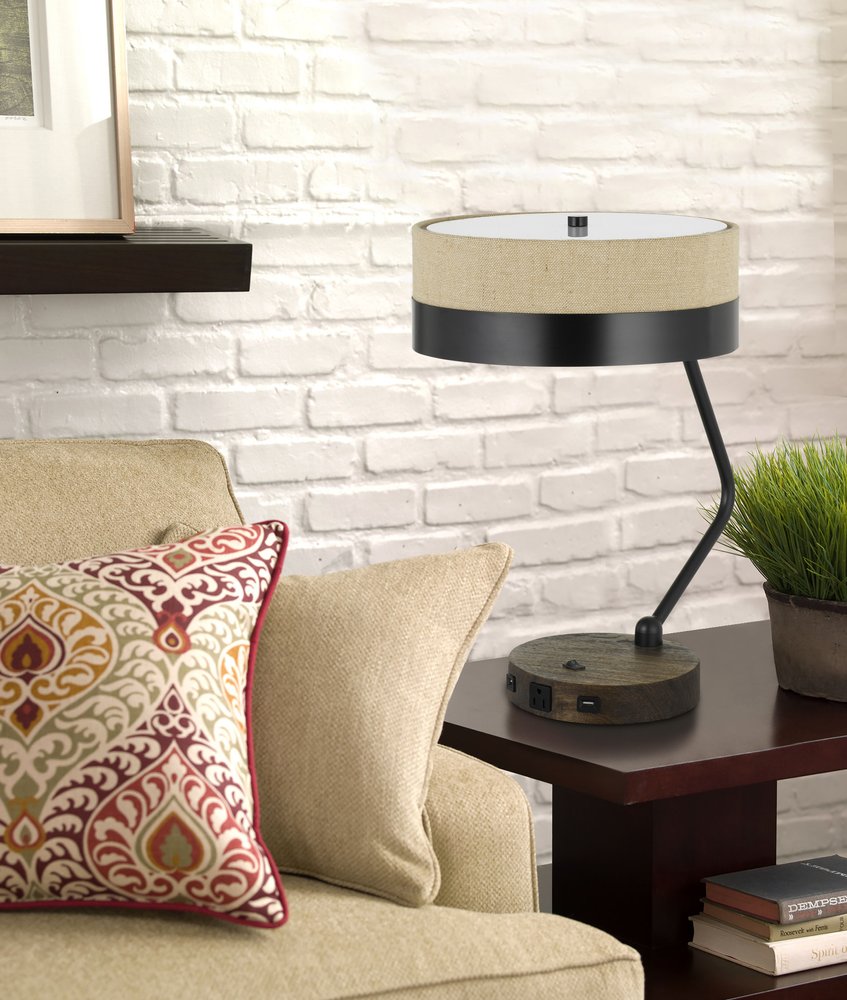 20" Black And Brown Wood And Metal Two Light USB Table Lamp With Beige And Black Shade HomeRoots