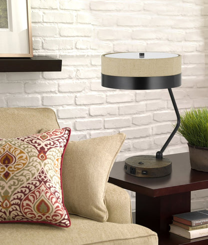 20" Black And Brown Wood And Metal Two Light USB Table Lamp With Beige And Black Shade HomeRoots