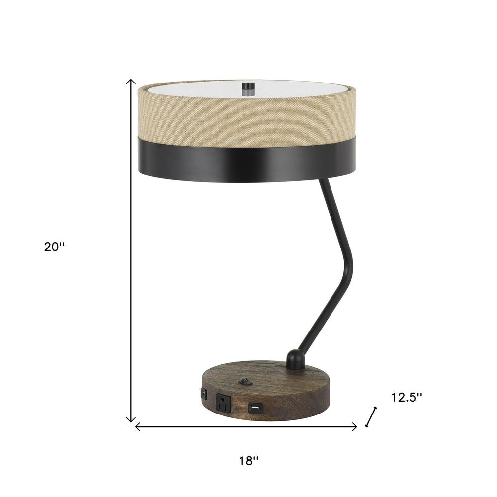 20" Black And Brown Wood And Metal Two Light USB Table Lamp With Beige And Black Shade HomeRoots