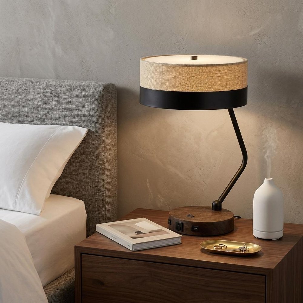 20" Black And Brown Wood And Metal Two Light USB Table Lamp With Beige And Black Shade HomeRoots