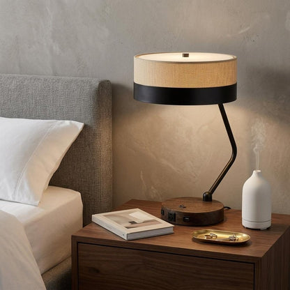 20" Black And Brown Wood And Metal Two Light USB Table Lamp With Beige And Black Shade HomeRoots