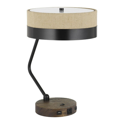 20" Black And Brown Wood And Metal Two Light USB Table Lamp With Beige And Black Shade HomeRoots