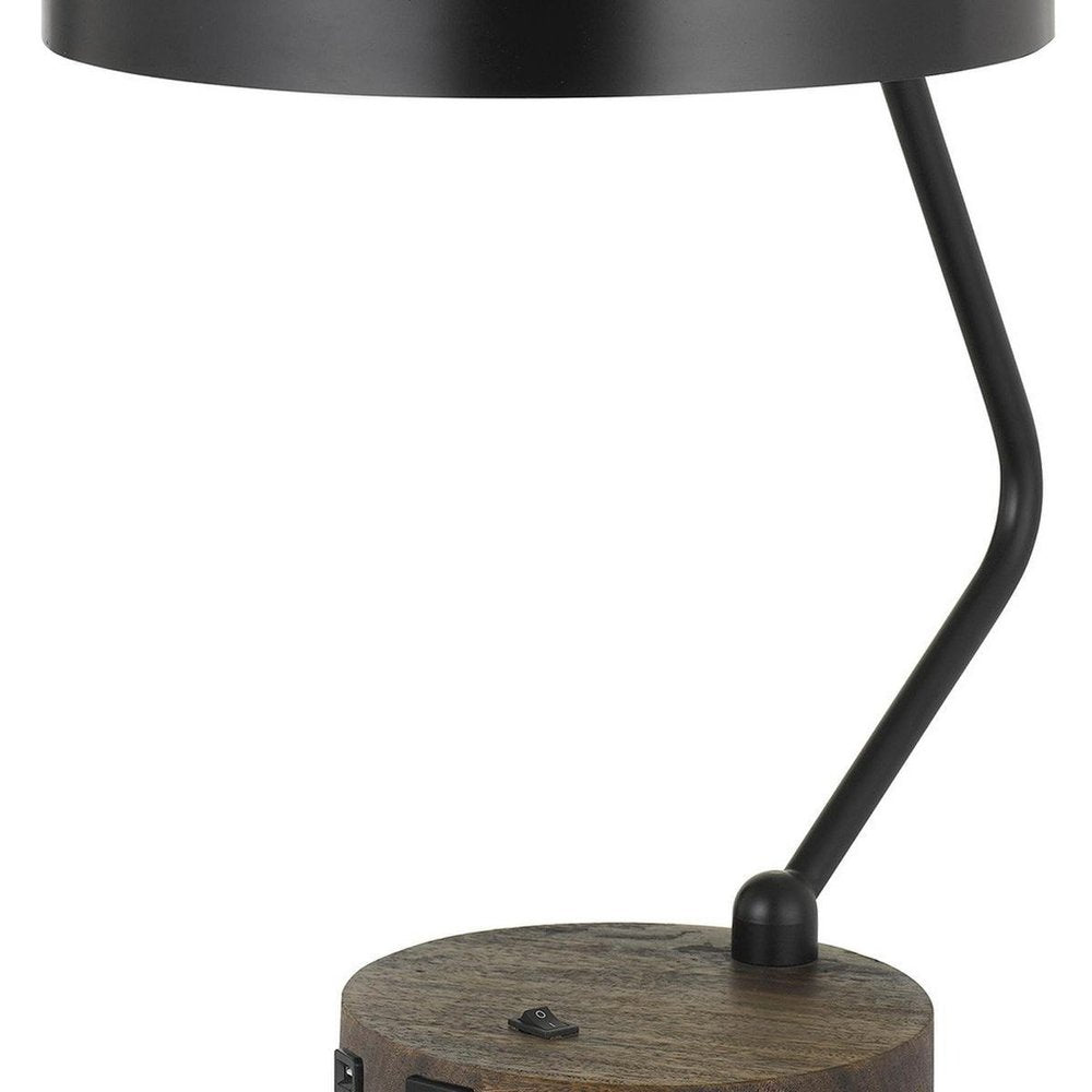 20" Black And Brown Wood And Metal Two Light USB Table Lamp With Beige And Black Shade HomeRoots