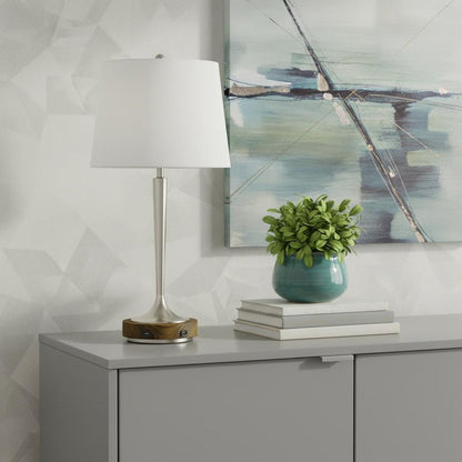 29" Nickel Metal Usb Table Lamp With Off White Empire Shade HomeRoots